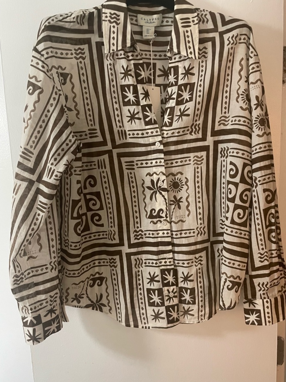 New Calypso St. Barth resort Print Cream/Brown Button Down Shirt Top Cotton Sz L